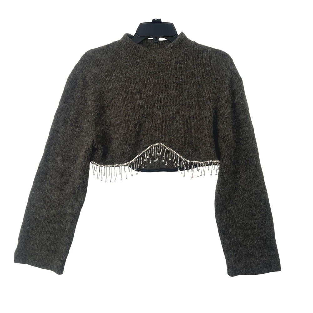 Zara Rhinestone Fringe Cropped Sweater Womens M Brown Mock Neck‎ Curved Hem